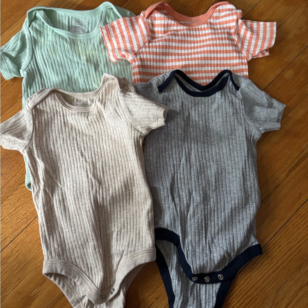 Kids Ribbed One-Piece Bodysuits - Mint, Coral Stripe, Beige, Gray